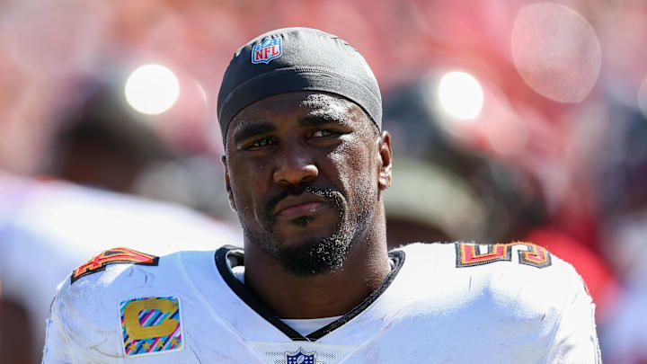 Sep 29, 2024; Tampa, Florida, USA; Tampa Bay Buccaneers linebacker Lavonte David (54) looks on against the Philadelphia Eagles in the third quarter at Raymond James Stadium. Mandatory Credit: Nathan Ray Seebeck-Imagn Images Sep 29, 2024; Tampa, Florida, USA; Tampa Bay Buccaneers linebacker Lavonte David (54) looks on against the Philadelphia Eagles in the third quarter at Raymond James Stadium. Mandatory Credit: Nathan Ray Seebeck-Imagn Images