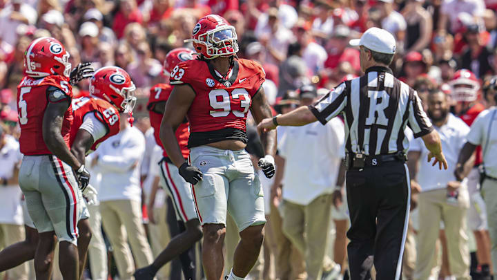 Sep 7, 2024; Athens, Georgia, USA; Georgia Bulldogs defensive lineman Tyrion Ingram-Dawkins (93) reacts after a tackle against the Tennessee Tech Golden Eagles during the first half at Sanford Stadium. Mandatory Credit: Dale Zanine-Imagn Images