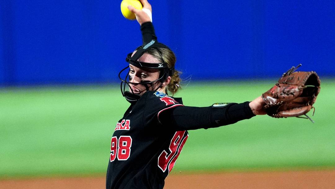 Nebraska's Jordy Frahm throws a pitch during a Women's College World Series game against Arkansas.