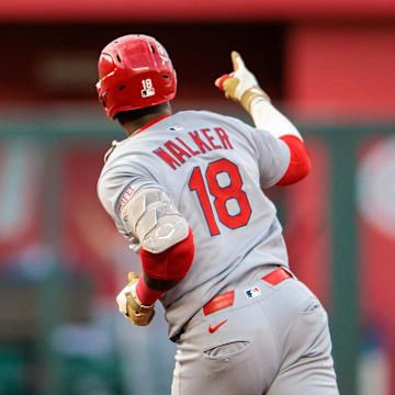 May 17, 2025; Kansas City, Missouri, USA; St. Louis Cardinals outfielder Jordan Walker (18) rounds the bases after hitting a home run during the fifth inning against the Kansas City Royals at Kauffman Stadium. Mandatory Credit: William Purnell-Imagn Images