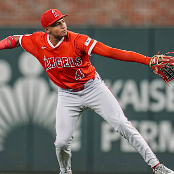 Jul 1, 2025; Cumberland, Georgia, USA; Los Angeles Angels second baseman Christian Moore (4) throws out Atlanta Braves designated hitter Marcell Ozuna (20) (not shown) during the eighth inning at Truist Park. Mandatory Credit: Dale Zanine-Imagn Images