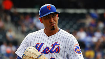 Aug 11, 2019; New York City, NY, USA; New York Mets relief pitcher Edwin Diaz (39) reacts after giving up a two run home run against the Washington Nationals during the ninth inning at Citi Field. Mandatory Credit: Andy Marlin-Imagn Images