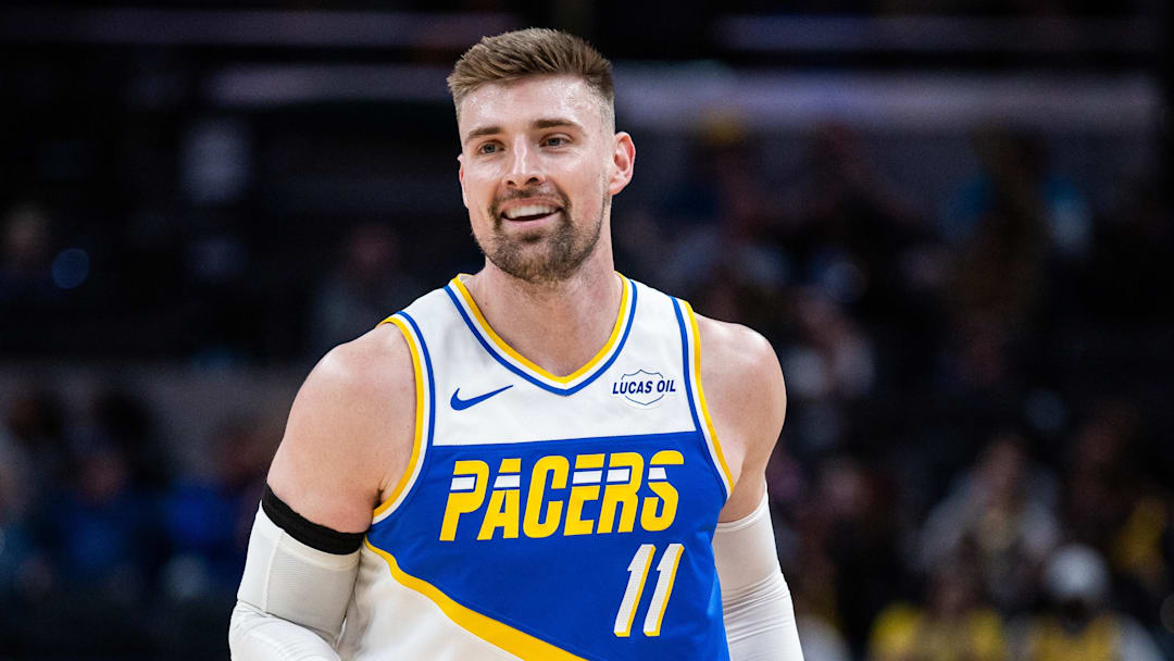 Indiana Pacers center Micah Potter (11) celebrates a made basket in the first half against the Miami Heat at Gainbridge Fieldhouse. Indiana Pacers center Micah Potter (11) celebrates a made basket in the first half against the Miami Heat at Gainbridge Fieldhouse.