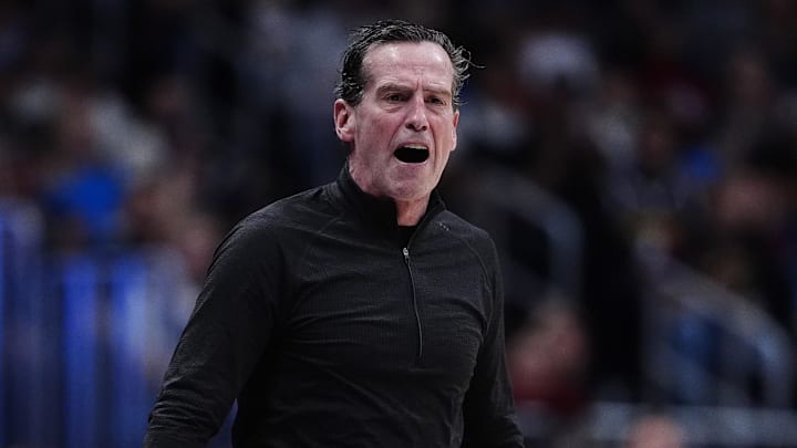 Feb 9, 2026; Denver, Colorado, USA; Cleveland Cavaliers head coach Kenny Atkinson calls out in the second quarter against the Denver Nuggets at Ball Arena. Mandatory Credit: Ron Chenoy-Imagn Images
