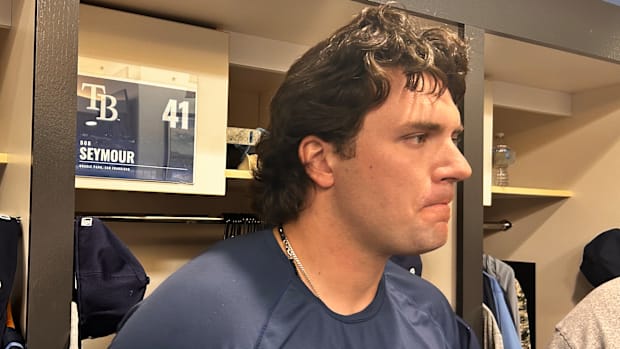 Tampa Bay Rays rookie Bob Seymour talks with reporters before his first big-league game on Friday night in San Francisco.