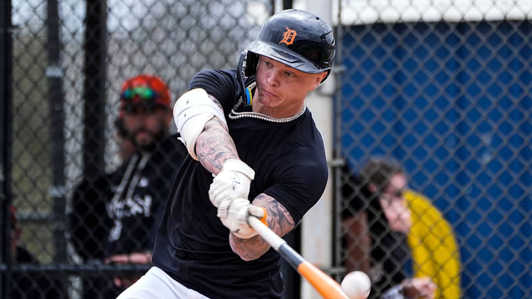Detroit Tigers outfielder Max Clark bats at live batting practice during spring training at TigerTown in Lakeland, Fla. on Monday, Feb. 16, 2026.