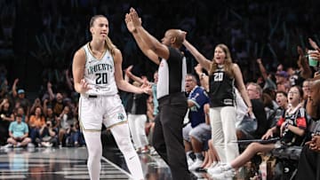 Jul 3, 2025; Brooklyn, New York, USA;  New York Liberty guard Sabrina Ionescu (20) celebrates after making a three point shot in the third quarter against the Los Angeles Sparks at Barclays Center. Mandatory Credit: Wendell Cruz-Imagn Images