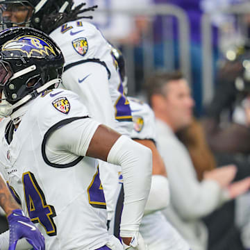 Nov 9, 2025; Minneapolis, Minnesota, USA; Baltimore Ravens cornerback Marlon Humphrey (44) celebrates his interception against Minnesota Vikings quarterback J.J. McCarthy (9) in the second quarter at U.S. Bank Stadium. Mandatory Credit: Brad Rempel-Imagn Images
