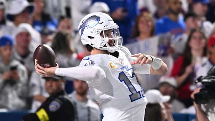 Buffalo Bills quarterback Josh Allen practices before the game at Highmark Stadium. Buffalo Bills quarterback Josh Allen practices before the game at Highmark Stadium.