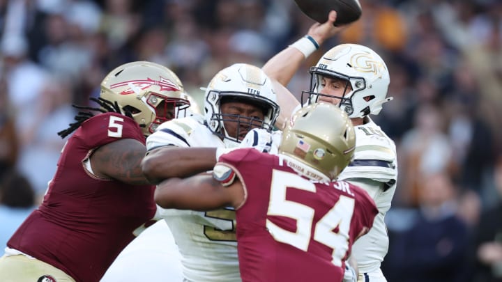 Aug 24, 2024; Dublin, IRL; Georgia Tech quarterback Haynes King passes the ball against Florida State at Aviva Stadium. Mandatory Credit: Tom Maher/INPHO via USA TODAY Sports