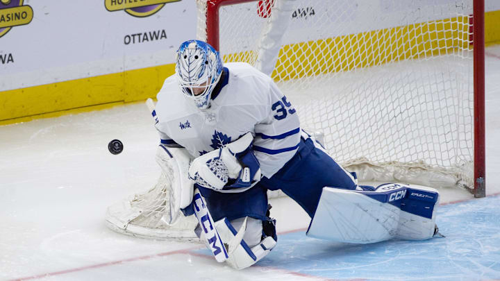 Sep 24, 2024; Ottawa, Ontario, CAN; Toronto Maple Leafs goalie Dennis Hildeby (35) makes a save in the third period against the Ottawa Senators at the Canadian Tire Centre. Mandatory Credit: Marc DesRosiers-Imagn Images Sep 24, 2024; Ottawa, Ontario, CAN; Toronto Maple Leafs goalie Dennis Hildeby (35) makes a save in the third period against the Ottawa Senators at the Canadian Tire Centre. Mandatory Credit: Marc DesRosiers-Imagn Images