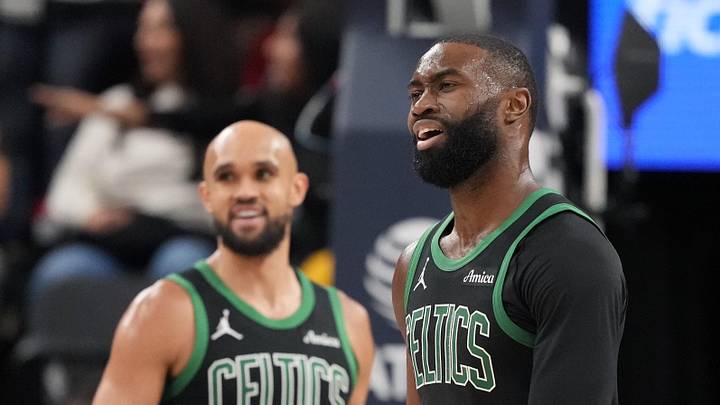 Jan 3, 2026; Inglewood, California, USA; Boston Celtics guard Jaylen Brown (7) and guard Derrick White (9) react in the fourth quarter against the LA Clippers at the Intuit Dome. Mandatory Credit: Kirby Lee-Imagn Images