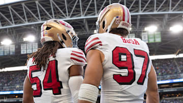 San Francisco 49ers linebacker Fred Warner (L) and defensive end Nick Bosa (R)