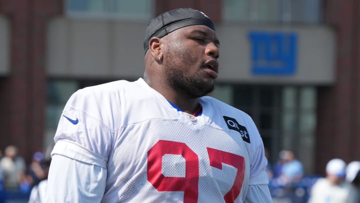 East Rutherford, NJ -- August 1, 2024 -- Defensive lineman Dexter Lawrence II is practicing today at training camp for the New York Giants.