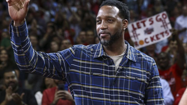 Apr 5, 2017; Houston, TX, USA; Former Houston Rockets player Tracy McGrady is honored during the game against the Denver Nuggets at Toyota Center. Mandatory Credit: Troy Taormina-USA TODAY Sports