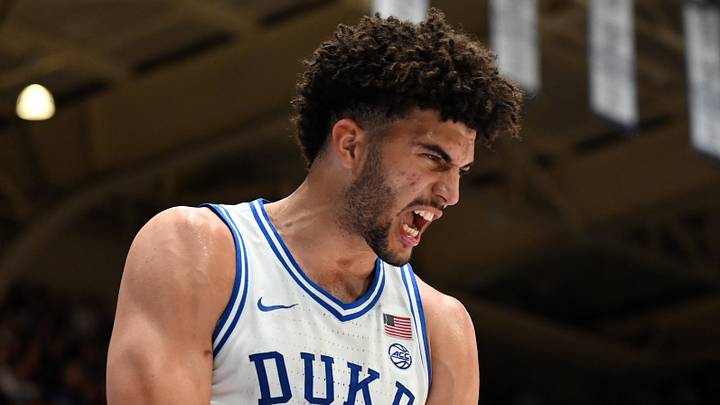 Dec 31, 2025; Durham, North Carolina, USA; Duke Blue Devils forward Cameron Boozer (12) reacts after scoring during the second half against the Georgia Tech Yellow Jackets at Cameron Indoor Stadium.   The Blue Devils won 85-79.  Mandatory Credit: Rob Kinnan-Imagn Images