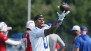 Bills rookie wide receiver Keon Coleman pulls in a pass during the opening day of Buffalo Bills training camp.
