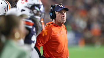 Sep 14, 2024; Auburn, Alabama, USA; Auburn Tigers head coach Hugh Freeze watches a replay on the video board during the second quarter against the New Mexico Lobos at Jordan-Hare Stadium. Mandatory Credit: John Reed-Imagn Images
