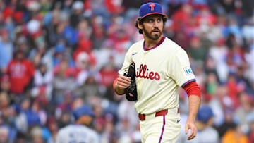 Apr 6, 2025; Philadelphia, Pennsylvania, USA; Philadelphia Phillies pitcher Jordan Romano (68) walks off the mound after being removed from the game during the seventh inning against the Los Angeles Dodgers at Citizens Bank Park.