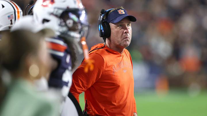 Sep 14, 2024; Auburn, Alabama, USA; Auburn Tigers head coach Hugh Freeze watches a replay on the video board during the second quarter against the New Mexico Lobos at Jordan-Hare Stadium. Mandatory Credit: John Reed-Imagn Images