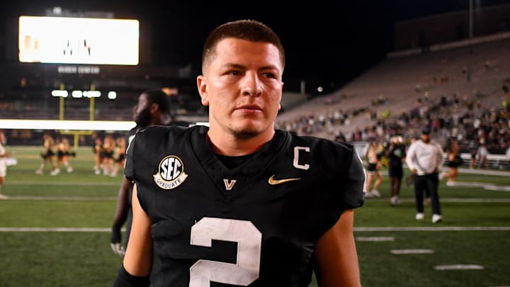 Aug 30, 2025; Nashville, Tennessee, USA; Vanderbilt Commodores quarterback Diego Pavia (2) walks off the field against the Charleston Southern Buccaneers during the second half at FirstBank Stadium. Mandatory Credit: Steve Roberts-Imagn Images Aug 30, 2025; Nashville, Tennessee, USA; Vanderbilt Commodores quarterback Diego Pavia (2) walks off the field against the Charleston Southern Buccaneers during the second half at FirstBank Stadium. Mandatory Credit: Steve Roberts-Imagn Images