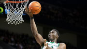 Oregon center N'Faly Dante puts up a shot as the Oregon Ducks host the Utah Utes Saturday, March 9,
