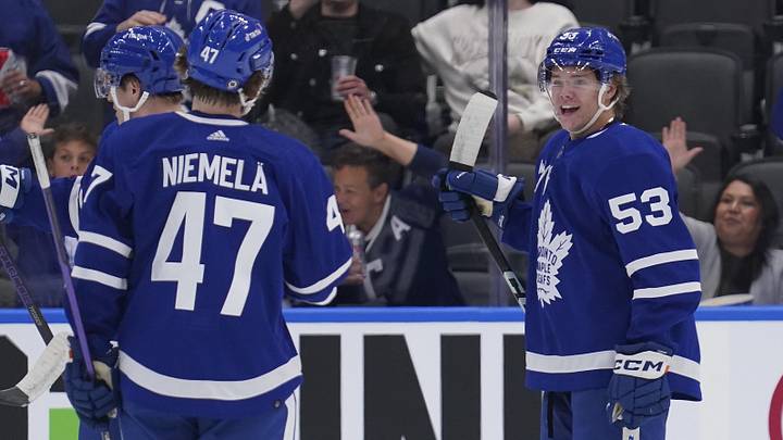 Sep 25, 2023; Toronto, Ontario, CAN; Toronto Maple Leafs forward Easton Cowan (53) reacts after scoring against the Ottawa Senators during the first period at Scotiabank Arena. Mandatory Credit: John E. Sokolowski-Imagn Images