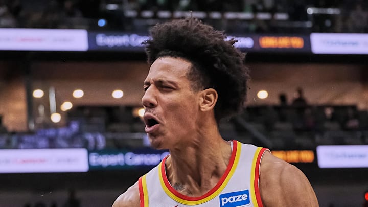 Jalen Johnson (1) reacts against the New Orleans Pelicans at Smoothie King Center during the first half of the game