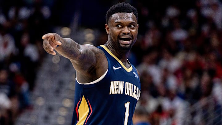 Oct 24, 2025; New Orleans, Louisiana, USA;  New Orleans Pelicans forward Zion Williamson (1) reacts to a play against the San Antonio Spurs during the second half at Smoothie King Center. Mandatory Credit: Stephen Lew-Imagn Images