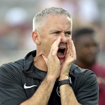 Sep 2, 2024; Tallahassee, Florida, USA; Florida State Seminoles head coach Mike Norvell before the game against the Boston College Eagles at Doak S. Campbell Stadium. Mandatory Credit: Melina Myers-Imagn Images