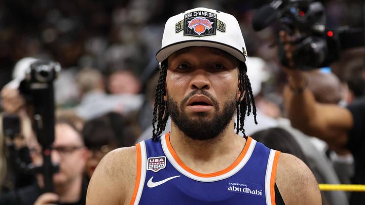 Jun 13, 2026; San Antonio, Texas, USA; New York Knicks guard Jalen Brunson (11) walks to the end of the court prior to the championship trophy celebration after game five of the 2026 NBA Finals against the San Antonio Spurs at Frost Bank Center. Mandatory Credit: Geoff Burke-Imagn Images