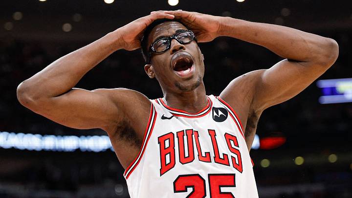 Jan 26, 2026; Chicago, Illinois, USA; Chicago Bulls forward Jalen Smith (25) reacts during the second half at United Center. Mandatory Credit: Kamil Krzaczynski-Imagn Images