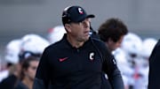 Cincinnati Bearcats head coach Scott Satterfield walks the sideline in the fourth quarter of the NCAA football game between the Cincinnati Bearcats and Bowling Green Falcons at Nippert Stadium in Cincinnati on Sept. 6, 2025.