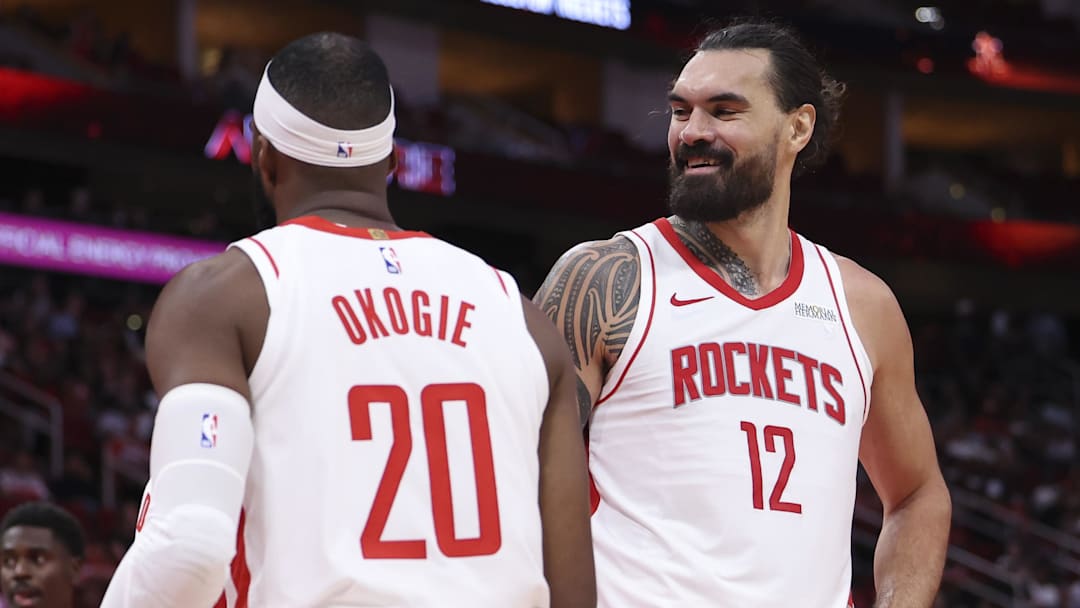Oct 6, 2025; Houston, Texas, USA; Houston Rockets center Steven Adams (12) smiles after a play during the third quarter against the Atlanta Hawks at Toyota Center. Mandatory Credit: Troy Taormina-Imagn Images