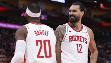 Oct 6, 2025; Houston, Texas, USA; Houston Rockets center Steven Adams (12) smiles after a play during the third quarter against the Atlanta Hawks at Toyota Center. Mandatory Credit: Troy Taormina-Imagn Images