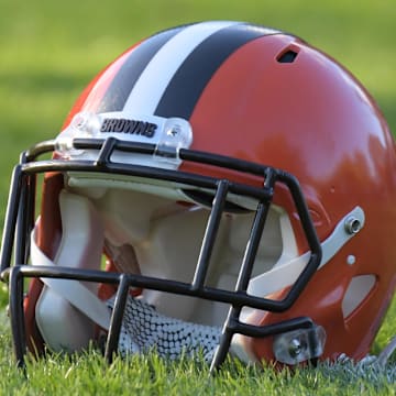 Oct 27, 2017; Bagshot, United Kingdom; A view of a Cleveland Browns helmet during practice at the Pennyhill Park Hotel & Spa. Mandatory Credit: Kirby Lee-Imagn Images