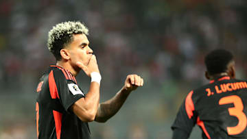 Luis Diaz celebrates his equaliser against Peru 