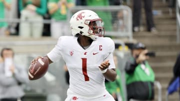 Oct 21, 2023; Eugene, Oregon, USA; Washington State Cougars quarterback Cameron Ward (1) looks to throw during the first half against the Oregon Ducks at Autzen Stadium. Mandatory Credit: Soobum Im-USA TODAY Sports