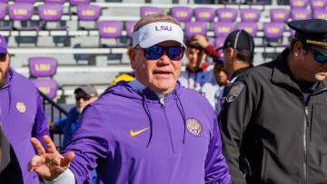 Nov 25, 2023; Baton Rouge, Louisiana, USA;  LSU Tigers head coach Brian Kelly waves to fans during warmups before the game against the Texas A&M Aggies at Tiger Stadium. Mandatory Credit: Stephen Lew-USA TODAY Sports