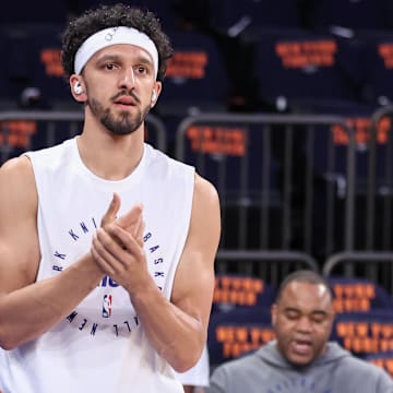New York Knicks guard Landry Shamet warms up prior to game three of the second round. Mandatory Credit: Wendell Cruz-Imagn Images