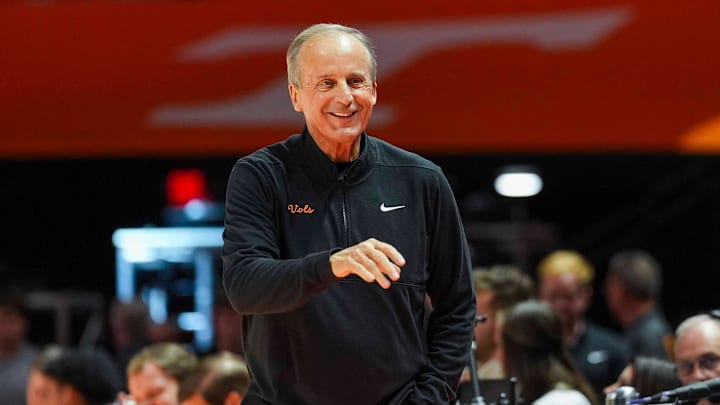 Tennessee coach Rick Barnes smiles before a NCAA basketball game between Tennessee Volunteers and North Florida Ospreys at Thompson-Boling Arena at Food City Center in Knoxville, Tenn. on Nov. 12, 2025.