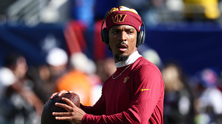 Nov 3, 2024; East Rutherford, New Jersey, USA; Washington Commanders quarterback Jayden Daniels (5) warms up before the game against the New York Giants at MetLife Stadium. Mandatory Credit: Vincent Carchietta-Imagn Images Nov 3, 2024; East Rutherford, New Jersey, USA; Washington Commanders quarterback Jayden Daniels (5) warms up before the game against the New York Giants at MetLife Stadium. Mandatory Credit: Vincent Carchietta-Imagn Images