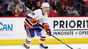 Feb 29, 2024; Detroit, Michigan, USA;  New York Islanders left wing Pierre Engvall (18) skates with the puck in the third period against the Detroit Red Wings at Little Caesars Arena. Mandatory Credit: Rick Osentoski-Imagn Images