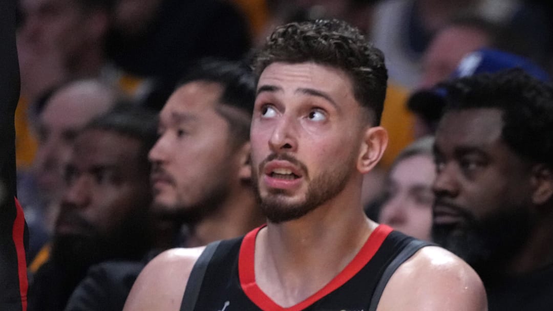 Houston Rockets center Alperen Sengun (28) and forward Kevin Durant (center) watch during the first half against the Los Angeles Lakers during game one of the first round of the 2026 NBA Playoffs at Crypto.com Arena on Apr 18, 2026.