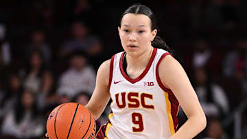 Jan 12, 2025; Los Angeles, California, USA; USC Trojans guard Kayleigh Heckel (9) brings the ball up the court during the fourth quarter against the Penn State Nittany Lions at Galen Center. Mandatory Credit: Robert Hanashiro-Imagn Images