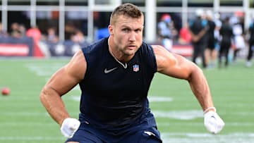 Aug 19, 2022; Foxborough, Massachusetts, USA; New England Patriots tight end Matt Sokol (87) warms up before a preseason game against the Carolina Panthers at Gillette Stadium. Mandatory Credit: Eric Canha-Imagn Images