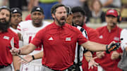 Sep 28, 2024; Winston-Salem, North Carolina, USA;  Louisiana-Lafayette Ragin Cajuns head coach Michael Desormeaux reacts to a targeting call during the second half against the Wake Forest Demon Deacons at Allegacy Federal Credit Union Stadium. Mandatory Credit: Jim Dedmon-Imagn Images