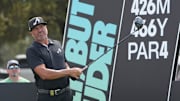 Sep 22, 2024; Carrolton, Texas, USA; Pat Perez of the 4Aces GC watches his shot from the tenth tee during the LIV Golf Dallas Team Championship Finals at Maridoe Golf Club. Mandatory Credit: Jim Cowsert-Imagn Images