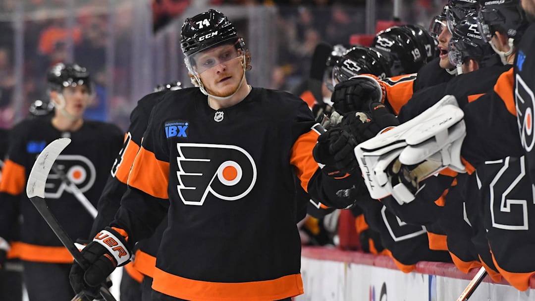 Feb 25, 2025; Philadelphia, Pennsylvania, USA; Philadelphia Flyers right wing Owen Tippett (74) celebrates his goal with teammates against the Pittsburgh Penguins during the third period at Wells Fargo Center.