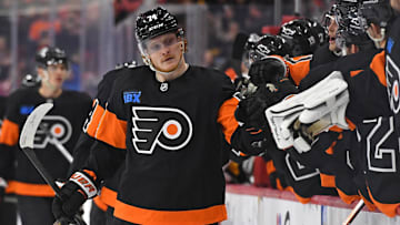 Feb 25, 2025; Philadelphia, Pennsylvania, USA; Philadelphia Flyers right wing Owen Tippett (74) celebrates his goal with teammates against the Pittsburgh Penguins during the third period at Wells Fargo Center.